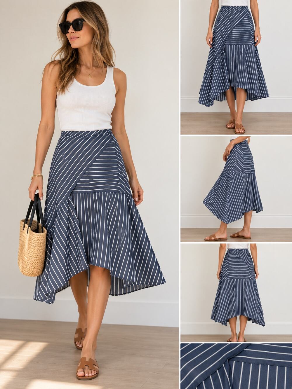 NWT Layfayette 148 Striped White Blue Asymmetrical Skirt Blue Note Multi 14